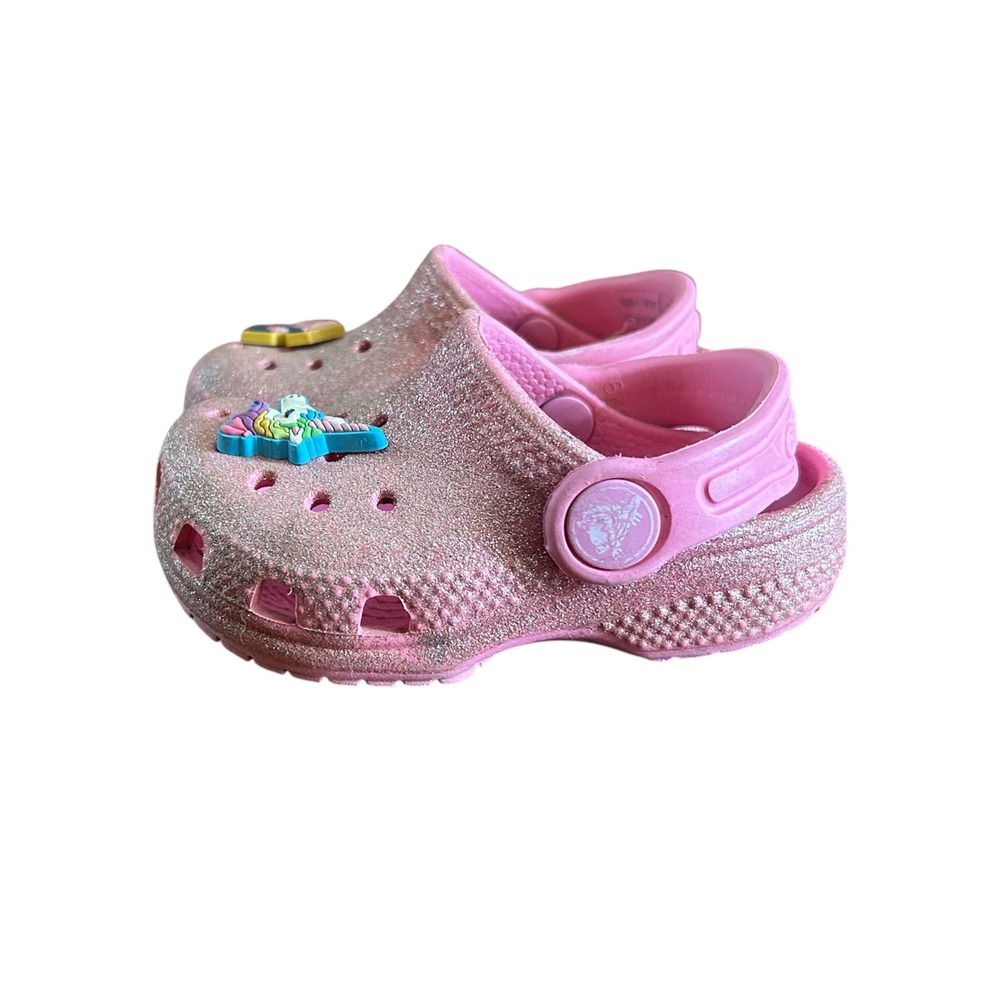 Crocs Classic Pink Glitter Clogs Kids Toddler Size C4 Unicorn Charms
